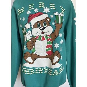 Vtg 70s Raglan Paint Merry CHRISTMAS Bear Green Sweatshirt L Holiday Unisex
